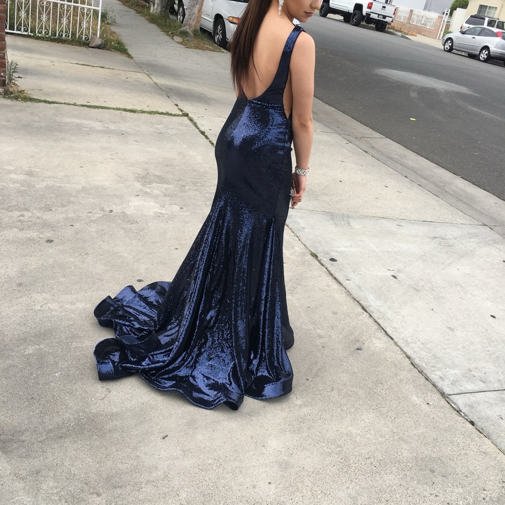 Dark Blue Backless Sequin Prom Dress